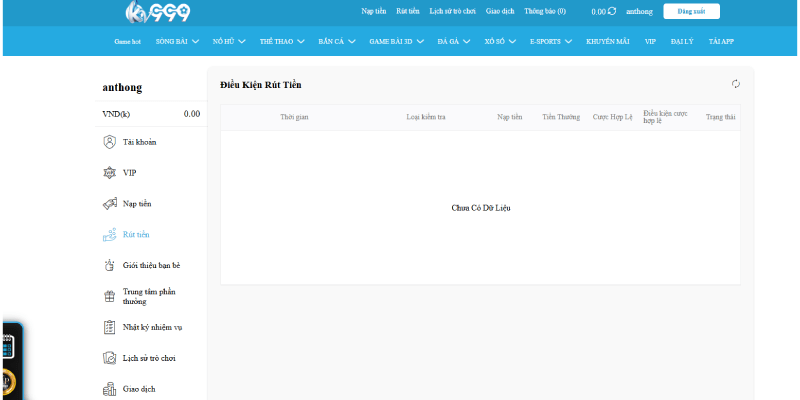 Rút tiền từ KV999 dễ dàng nếu có tài khoản và thông tin khớp với tài khoản game